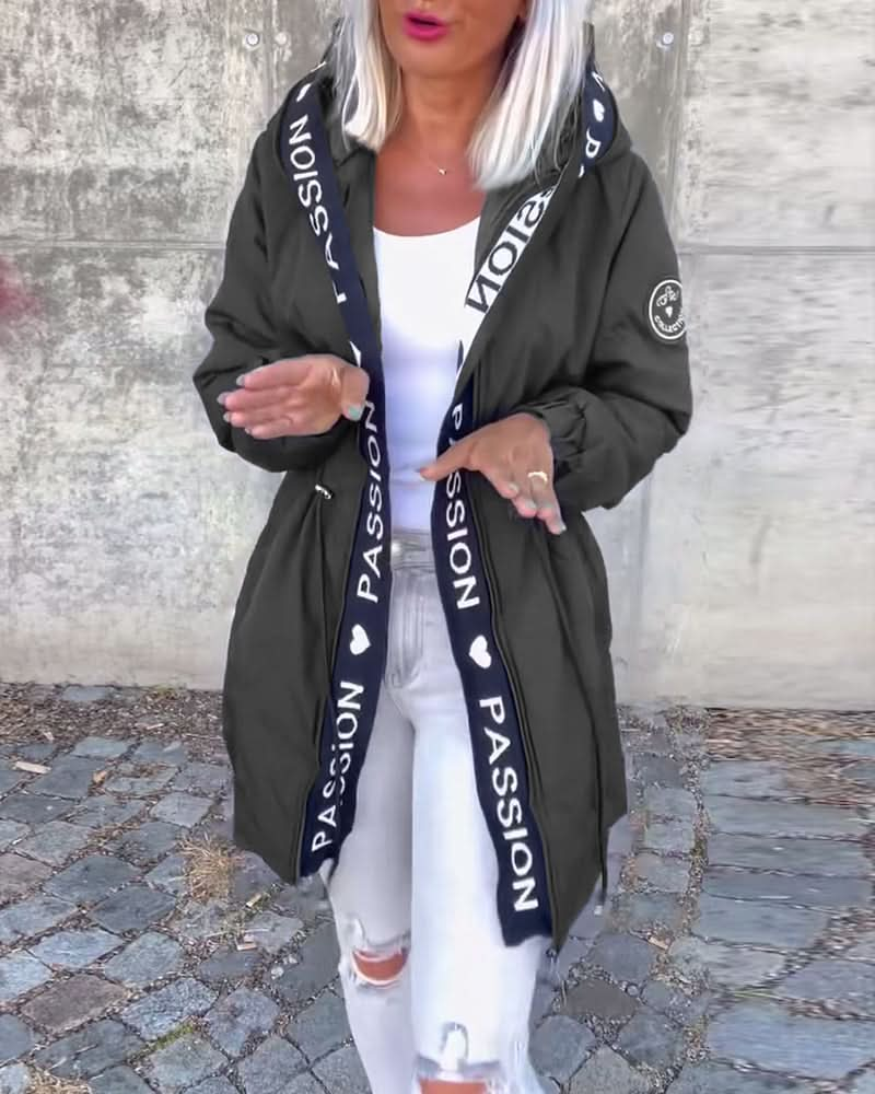 Loose Hooded Coat with Drawstrings and Letter Print Design