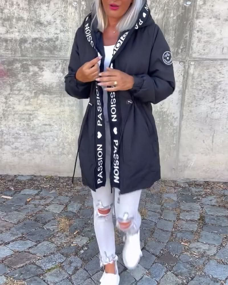 Loose Hooded Coat with Drawstrings and Letter Print Design