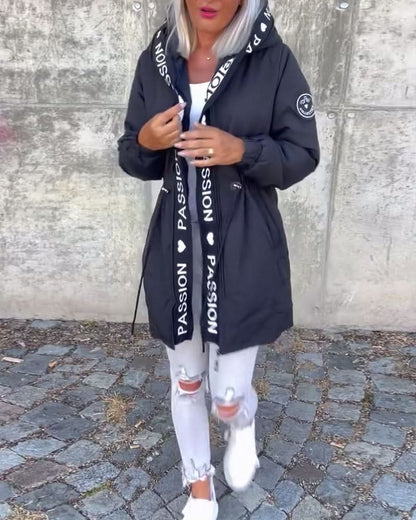 Loose Hooded Coat with Drawstrings and Letter Print Design