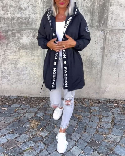 Loose Hooded Coat with Drawstrings and Letter Print Design